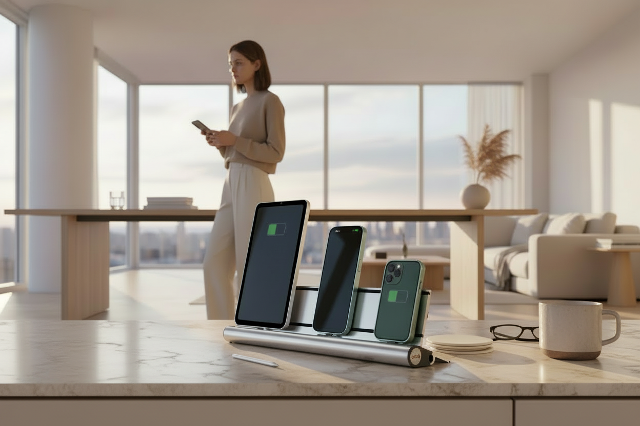 Aluminium charging station with exchangable connectors and wireless adapters for multiple iPhone, iPad, AirPods, Android, Apple Watch, eReader, Headsets, Designed in Germany AA