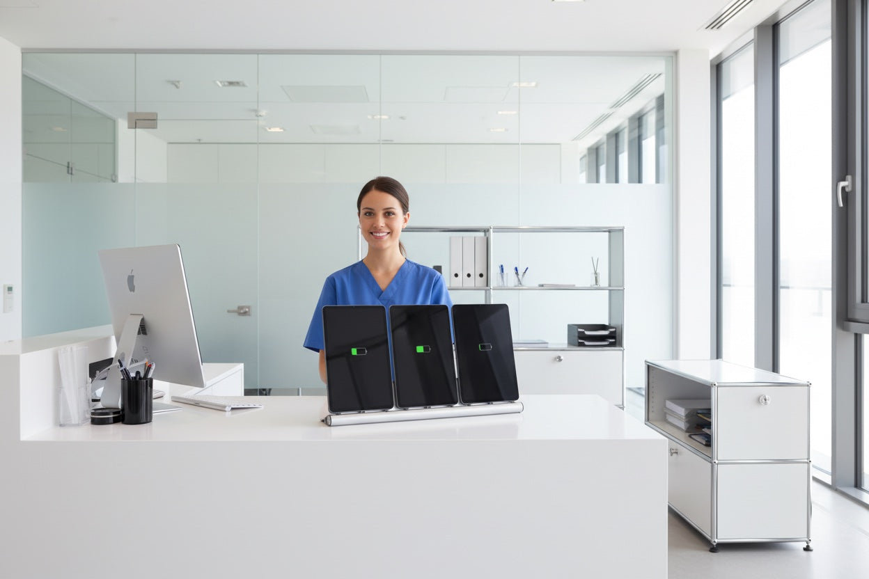 Person standing behind a counter with three laptops on a white surface in a modern office setting. AA