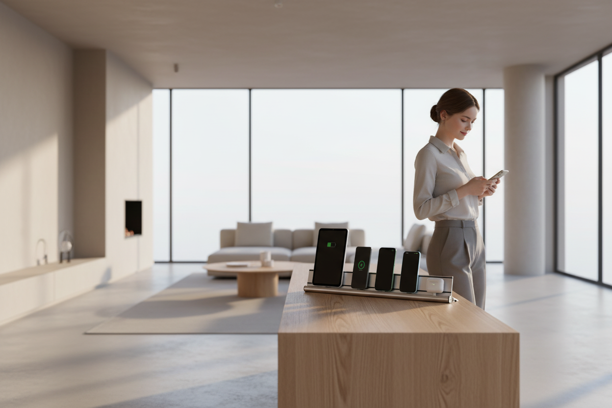 Aluminium charging station with exchangable connectors and wireless adapters for multiple iPhone, iPad, AirPods, Android, Apple Watch, eReader, Headsets, Designed in Germany