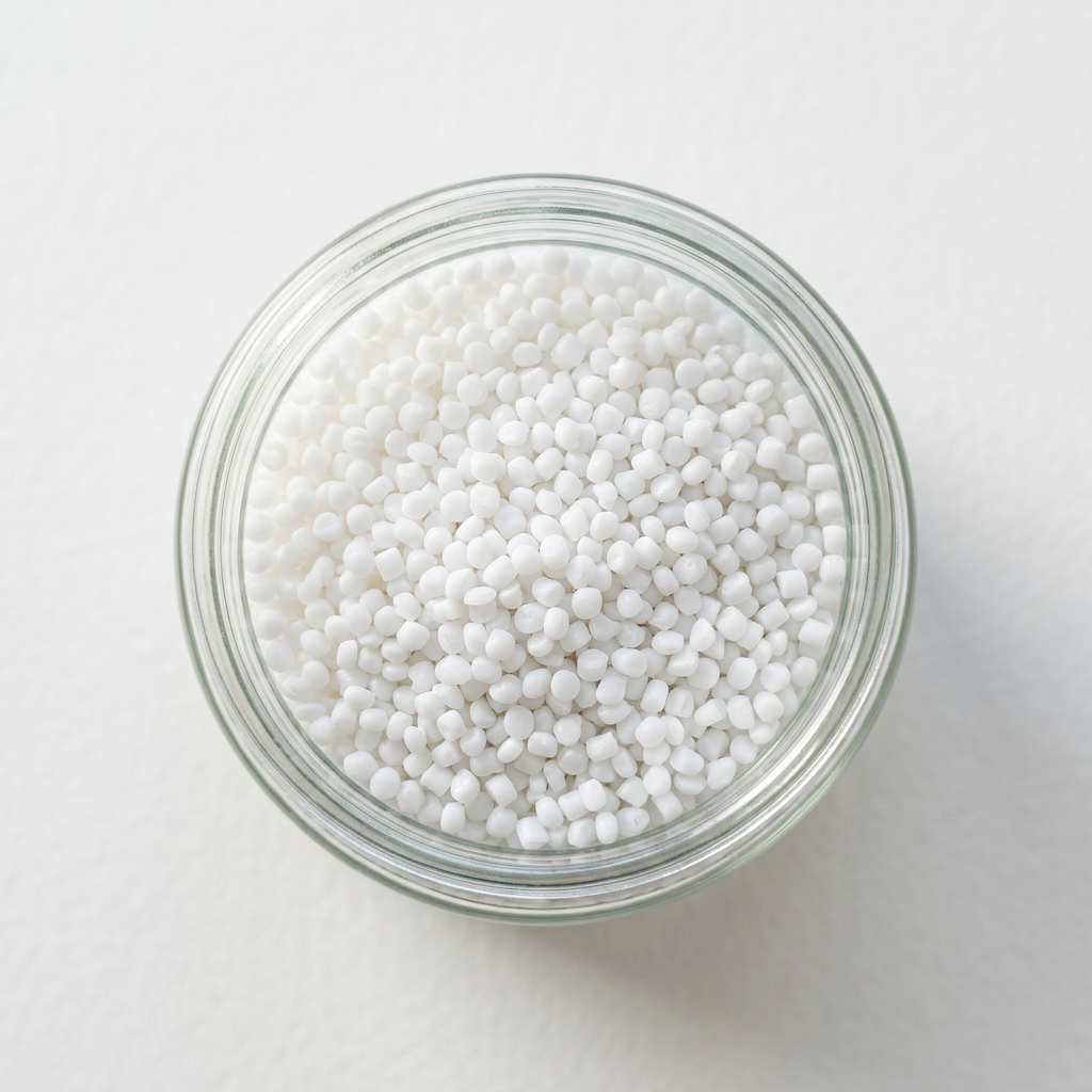 Glass jar filled with white pellets on a light gray background