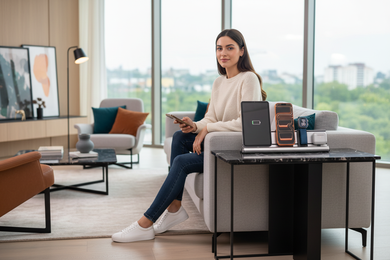 Aluminium charging station with exchangable connectors and wireless adapters for multiple iPhone, iPad, AirPods, Android, Apple Watch, eReader, Headsets, Designed in Germany AA